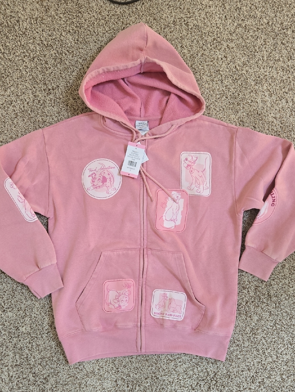Pink Hooded Zip Sweatshirt with Cartoon Patches Disney